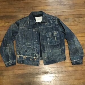 Cropped Boro Print Distressed Denim Jacket
